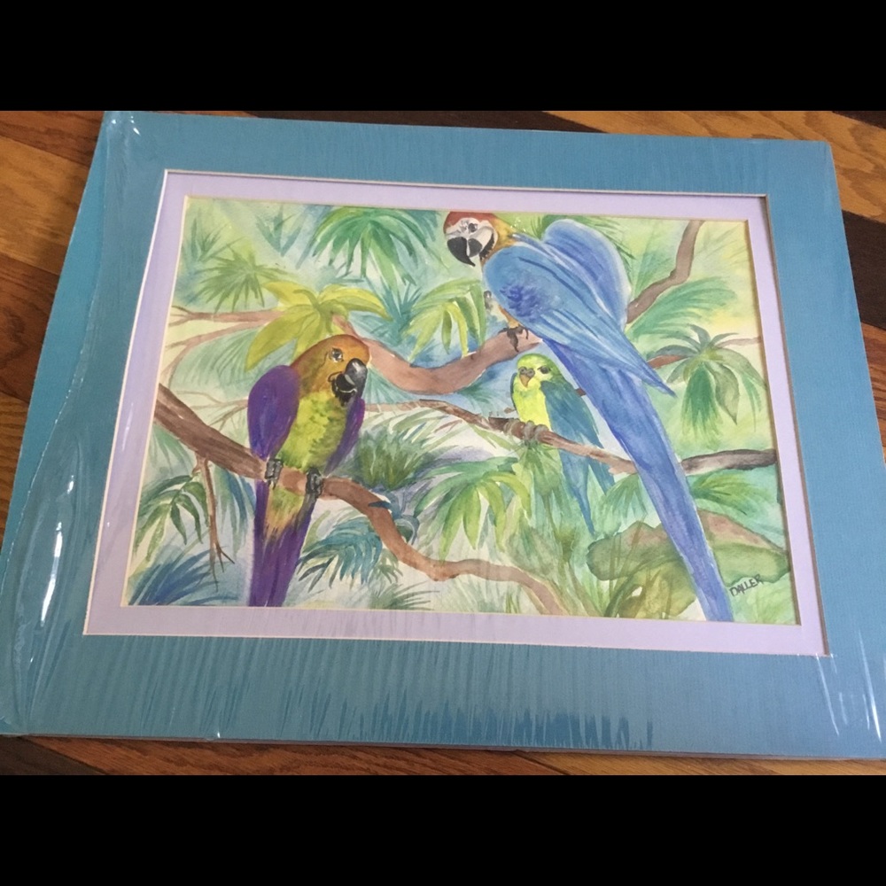Original watercolor tropical birds trees 16 x 20”